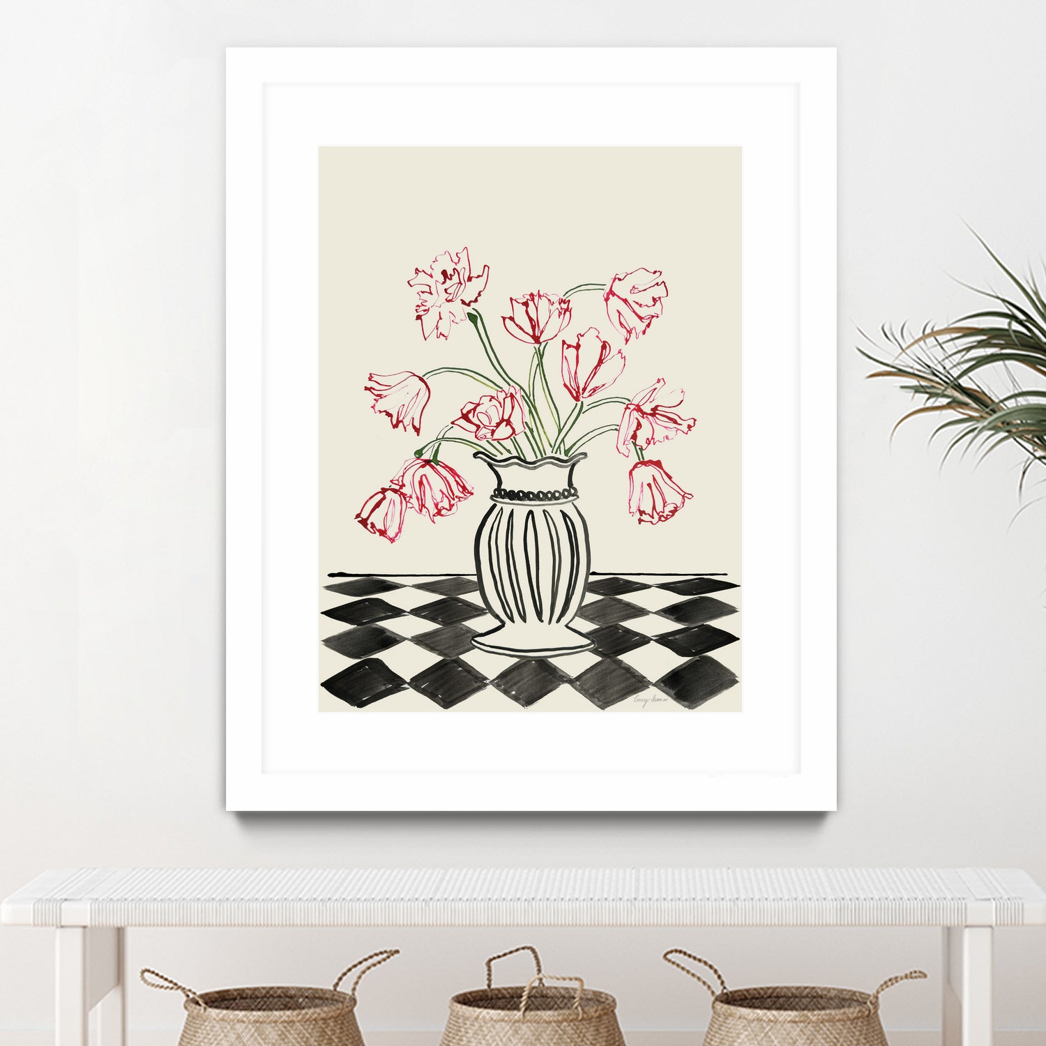 Pink Tulips In a Vase with Checkered Diamonds by Lucy Deaner  on GIANT ART -  flowers and plants