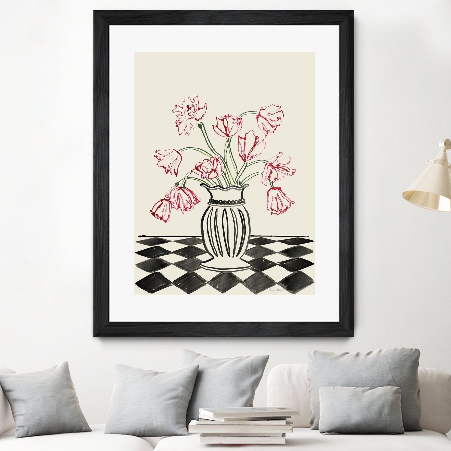 Pink Tulips In a Vase with Checkered Diamonds by Lucy Deaner  on GIANT ART -  flowers and plants