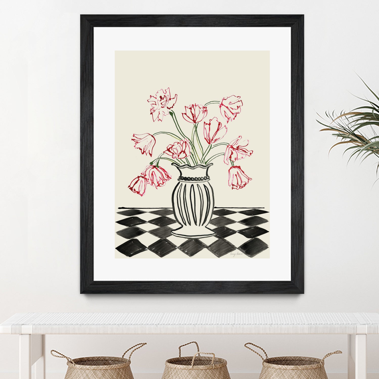 Pink Tulips In a Vase with Checkered Diamonds by Lucy Deaner  on GIANT ART -  flowers and plants