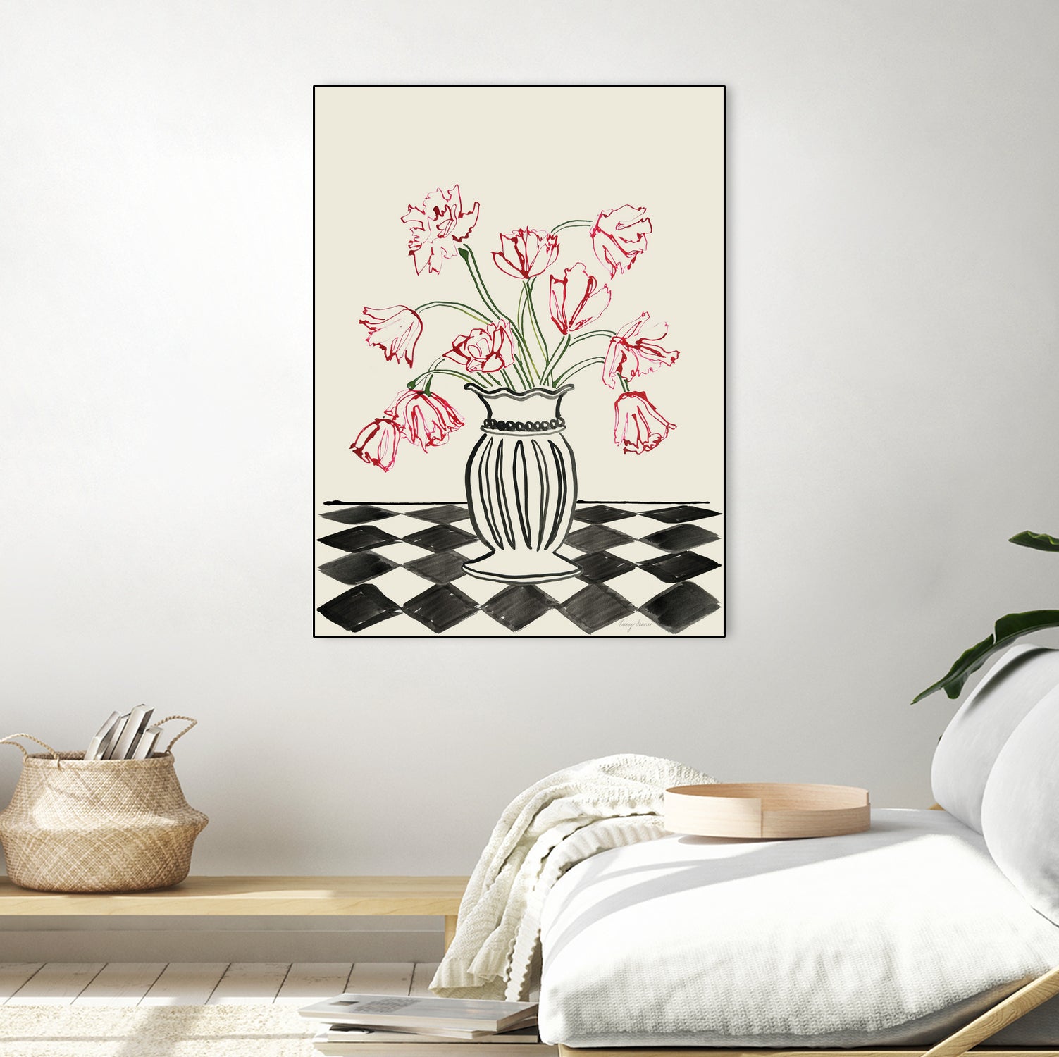 Pink Tulips In a Vase with Checkered Diamonds by Lucy Deaner  on GIANT ART -  flowers and plants