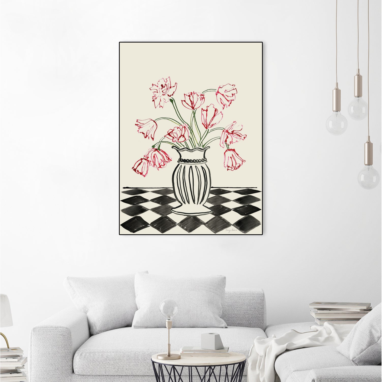 Pink Tulips In a Vase with Checkered Diamonds by Lucy Deaner  on GIANT ART -  flowers and plants