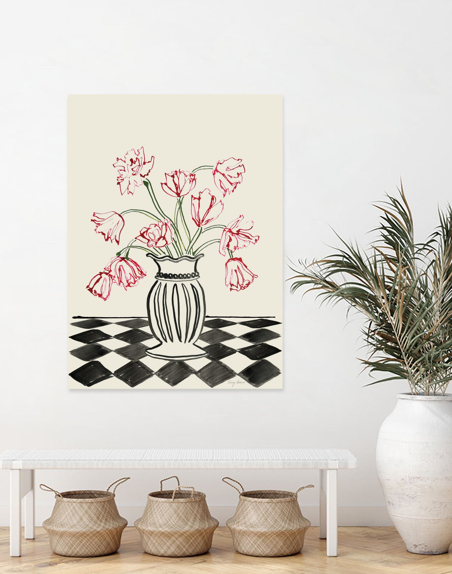 Pink Tulips In a Vase with Checkered Diamonds by Lucy Deaner  on GIANT ART -  flowers and plants