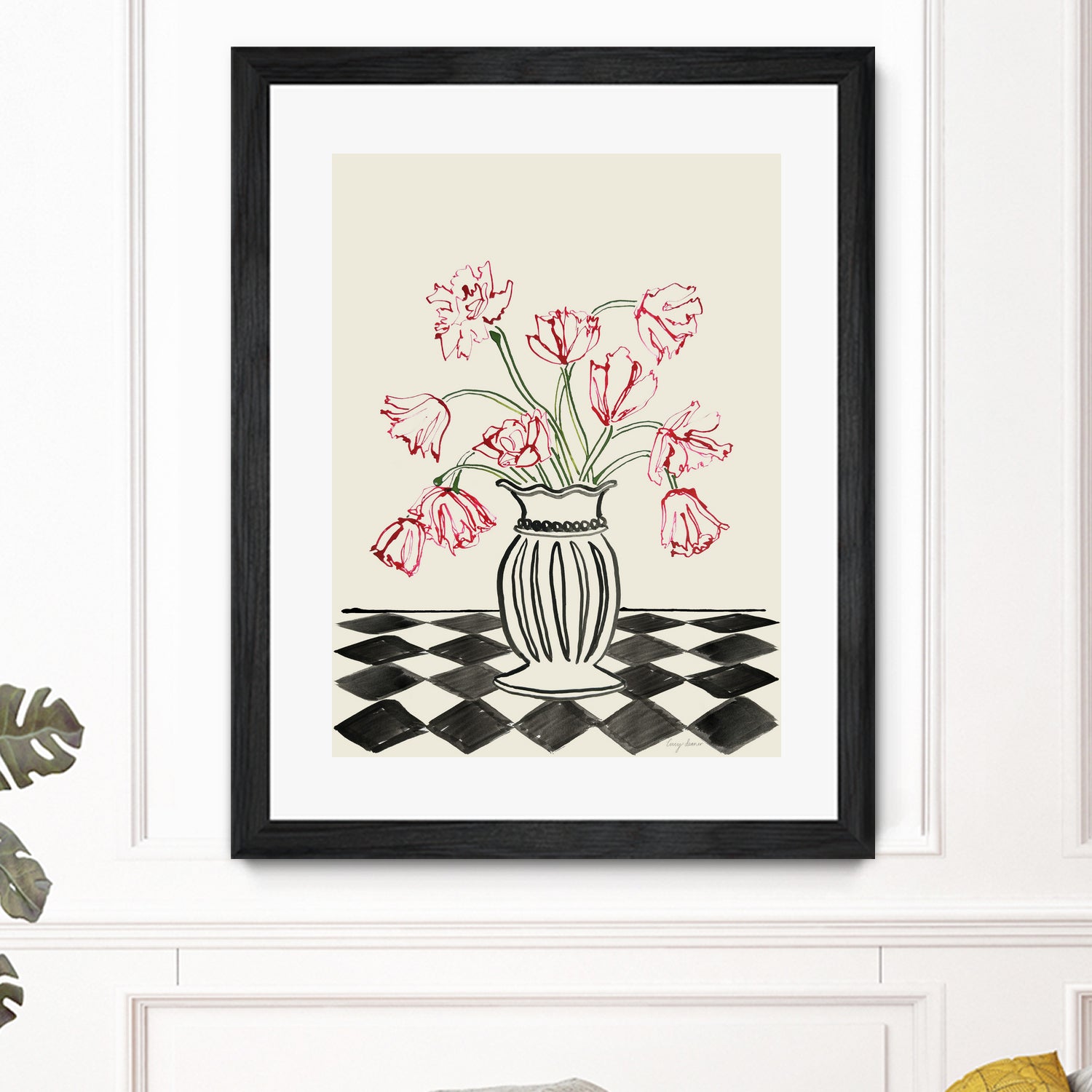 Pink Tulips In a Vase with Checkered Diamonds by Lucy Deaner  on GIANT ART -  flowers and plants