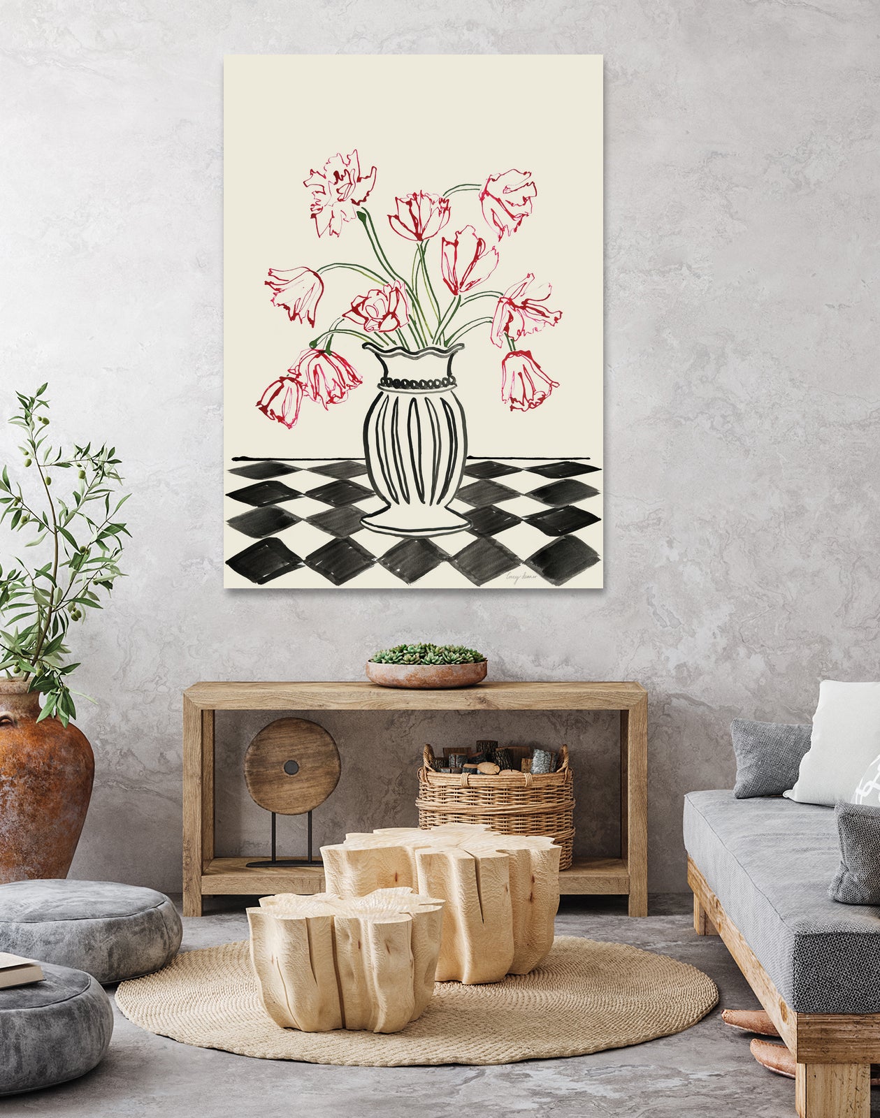 Pink Tulips In a Vase with Checkered Diamonds by Lucy Deaner  on GIANT ART -  flowers and plants