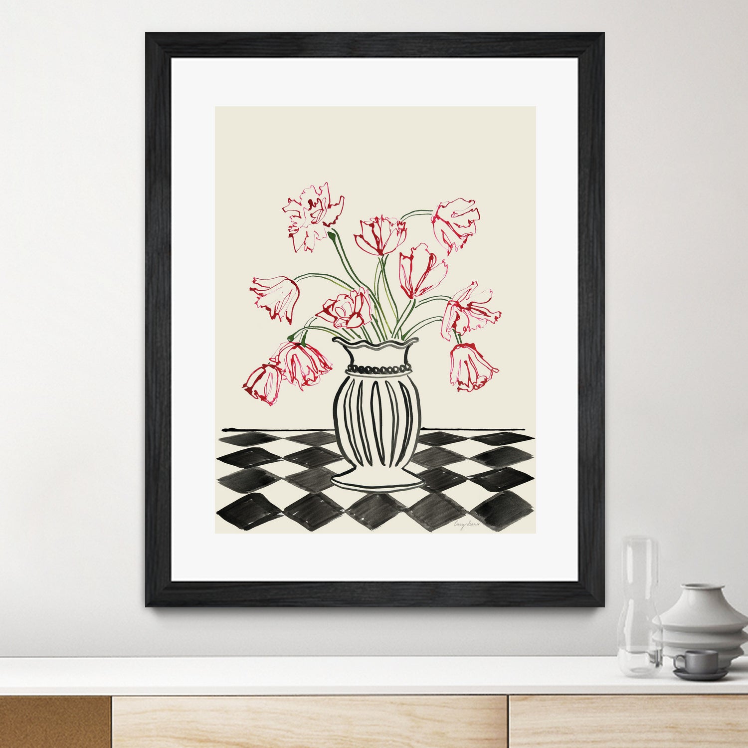 Pink Tulips In a Vase with Checkered Diamonds by Lucy Deaner  on GIANT ART -  flowers and plants