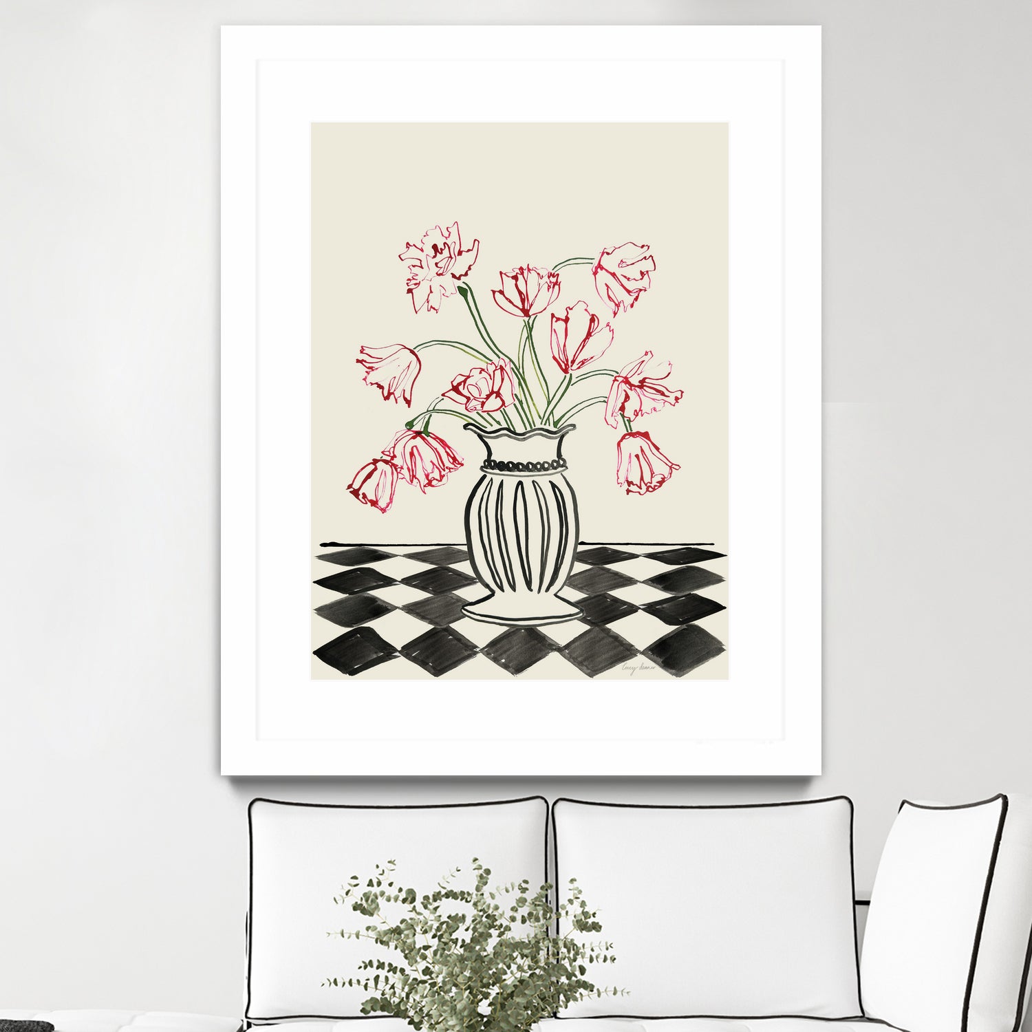 Pink Tulips In a Vase with Checkered Diamonds by Lucy Deaner  on GIANT ART -  flowers and plants