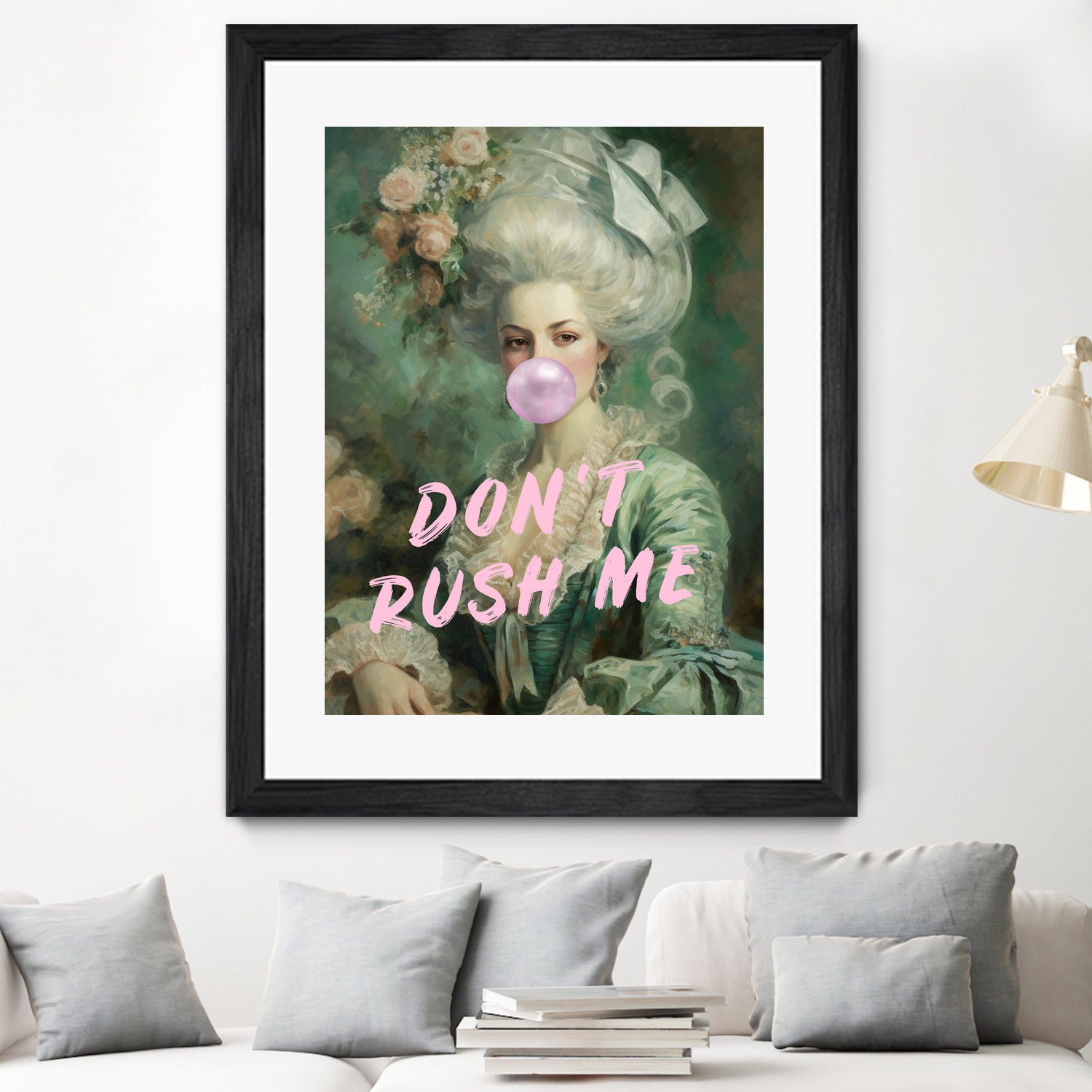 Marie Antoinette Dont Rush Me by Talitha McQueen on GIANT ART - pink contemporary  human face,flower,text,clothing,painting,doll,poster,person,fashion,flowers,flora,floral,botanical,flowers and plants,botanicals,word,words,painted,paint,painterly,people,portrait,figurative