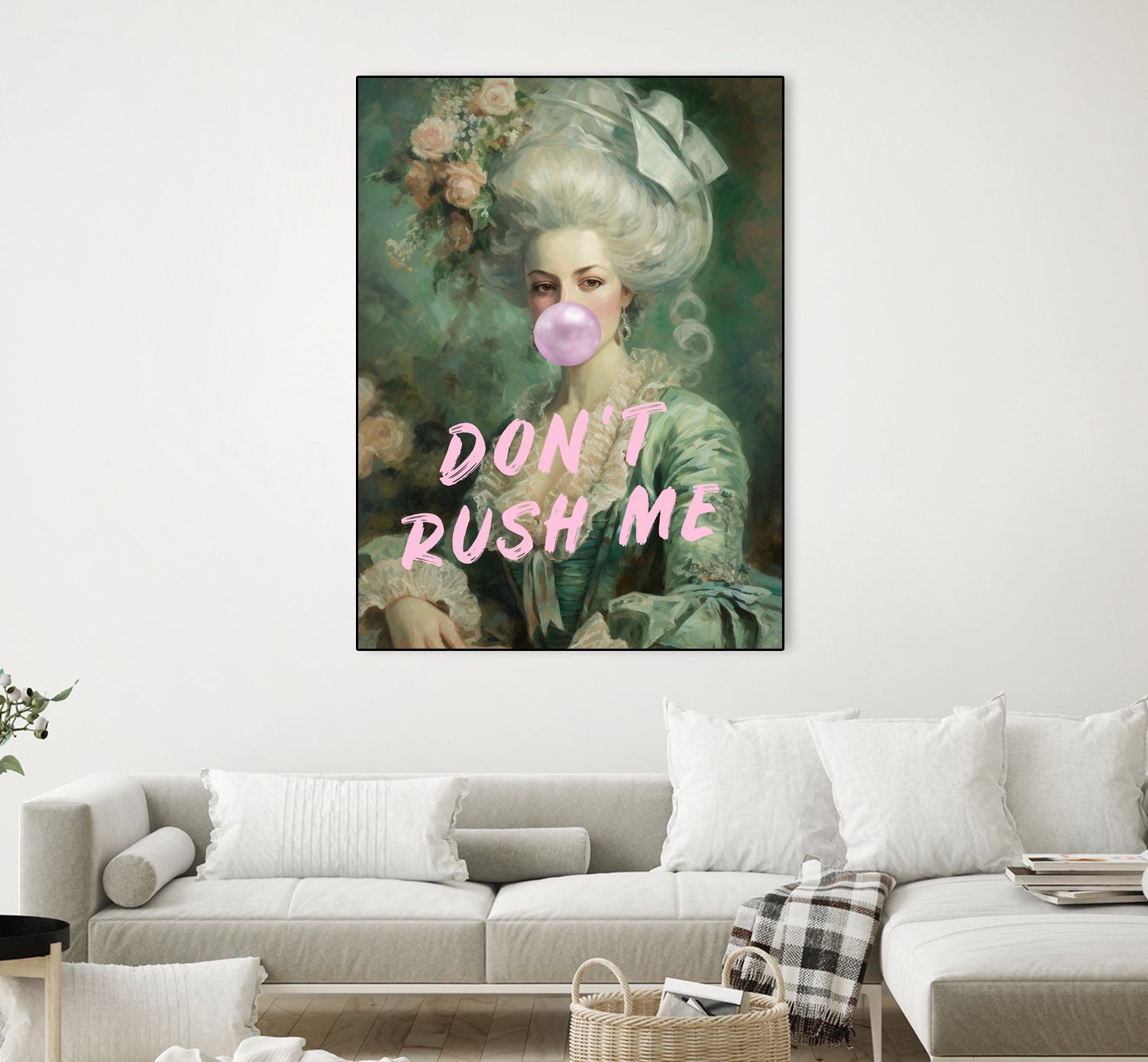 Marie Antoinette Dont Rush Me by Talitha McQueen on GIANT ART - pink contemporary  human face,flower,text,clothing,painting,doll,poster,person,fashion,flowers,flora,floral,botanical,flowers and plants,botanicals,word,words,painted,paint,painterly,people,portrait,figurative