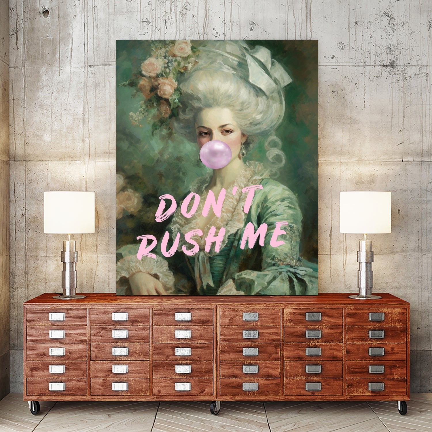 Marie Antoinette Dont Rush Me by Talitha McQueen on GIANT ART - pink contemporary  human face,flower,text,clothing,painting,doll,poster,person,fashion,flowers,flora,floral,botanical,flowers and plants,botanicals,word,words,painted,paint,painterly,people,portrait,figurative
