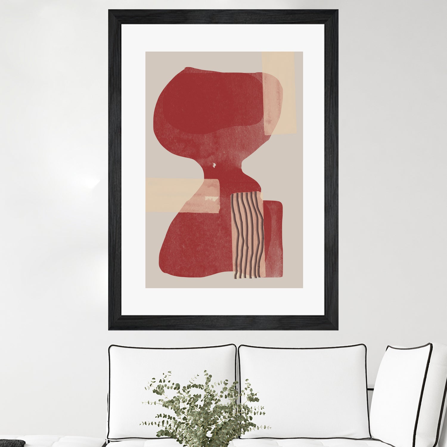 Crimson Harmony by THE MIUUS STUDIO  on GIANT ART - red shape  abstract, bold, white, grey, gray, calm, painting, print,  wallart,  wall art,  energetic, colourful, graphic print, illustration, soft, brush strokes, cute, prints, home decor, beige, black, drawing