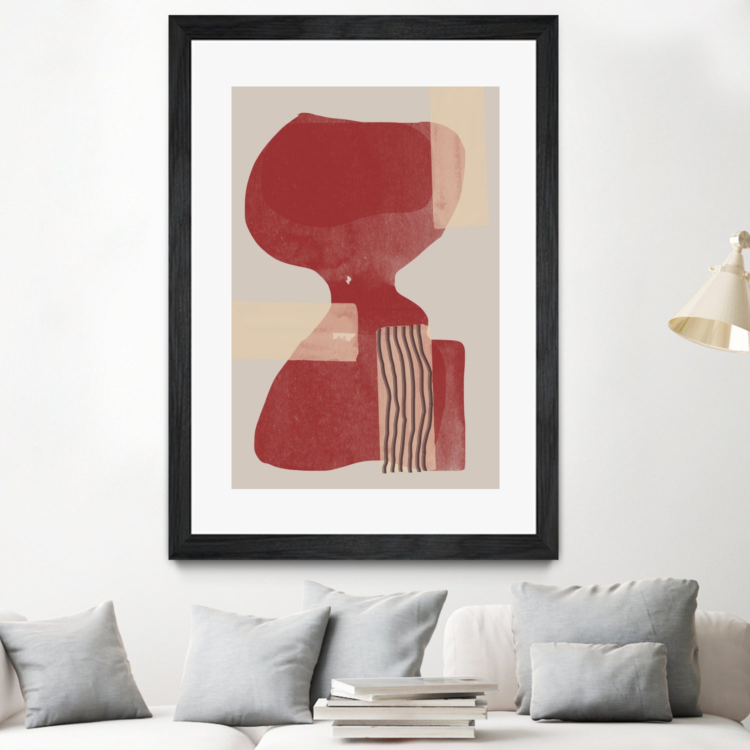 Crimson Harmony by THE MIUUS STUDIO  on GIANT ART - red shape  abstract, bold, white, grey, gray, calm, painting, print,  wallart,  wall art,  energetic, colourful, graphic print, illustration, soft, brush strokes, cute, prints, home decor, beige, black, drawing