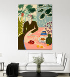 TROPICAL BRUNCH by Sandra Poliakov f on GIANT ART - pink figurative woman,brunch,still life,flowers,picnic,coffee,cocktail ,champaign,apricots,fruit,green,tropical,bali,vacation,feminine,olive green ,vase,fashion,blue sky,tropical ,palm trees,beach,summer,calm,relaxed,mindfulness,slowing down,self love,self care,pink