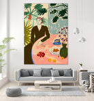TROPICAL BRUNCH by Sandra Poliakov f on GIANT ART - pink figurative woman,brunch,still life,flowers,picnic,coffee,cocktail ,champaign,apricots,fruit,green,tropical,bali,vacation,feminine,olive green ,vase,fashion,blue sky,tropical ,palm trees,beach,summer,calm,relaxed,mindfulness,slowing down,self love,self care,pink