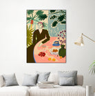 TROPICAL BRUNCH by Sandra Poliakov f on GIANT ART - pink figurative woman,brunch,still life,flowers,picnic,coffee,cocktail ,champaign,apricots,fruit,green,tropical,bali,vacation,feminine,olive green ,vase,fashion,blue sky,tropical ,palm trees,beach,summer,calm,relaxed,mindfulness,slowing down,self love,self care,pink