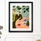 TROPICAL BRUNCH by Sandra Poliakov f on GIANT ART - pink figurative woman,brunch,still life,flowers,picnic,coffee,cocktail ,champaign,apricots,fruit,green,tropical,bali,vacation,feminine,olive green ,vase,fashion,blue sky,tropical ,palm trees,beach,summer,calm,relaxed,mindfulness,slowing down,self love,self care,pink