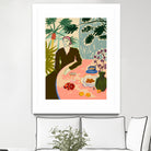 TROPICAL BRUNCH by Sandra Poliakov f on GIANT ART - pink figurative woman,brunch,still life,flowers,picnic,coffee,cocktail ,champaign,apricots,fruit,green,tropical,bali,vacation,feminine,olive green ,vase,fashion,blue sky,tropical ,palm trees,beach,summer,calm,relaxed,mindfulness,slowing down,self love,self care,pink