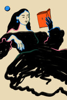 Midnight Reading by Sandra Poliakov  on GIANT ART - figurative drawing,illustration,sketch,human face,painting,art,clipart,cartoon,woman,black dress,reading,book worm,reader,colourful ,pastell,relaxed,calm,mindful,slow living,moon,night,feminine,girl power,home decor ,maximalist,graphic,painted,paint,painterly,person,people,still,serene,peace,peaceful,tranquil,tranquilitiy,stillness,harmony,sky