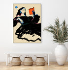 Midnight Reading by Sandra Poliakov  on GIANT ART - figurative drawing,illustration,sketch,human face,painting,art,clipart,cartoon,woman,black dress,reading,book worm,reader,colourful ,pastell,relaxed,calm,mindful,slow living,moon,night,feminine,girl power,home decor ,maximalist,graphic,painted,paint,painterly,person,people,still,serene,peace,peaceful,tranquil,tranquilitiy,stillness,harmony,sky