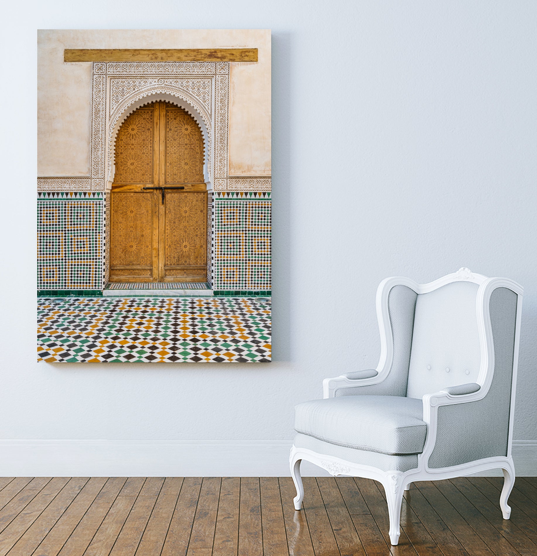 Decorated brown wooden door in Morocco - Art Print by Photolovers