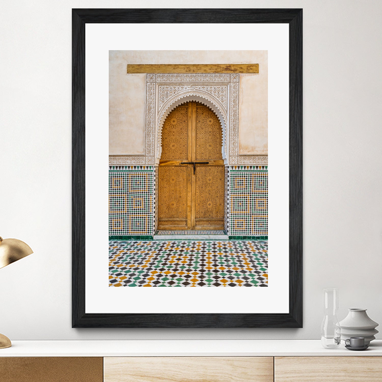 Decorated brown wooden door in Morocco - Art Print by Photolovers