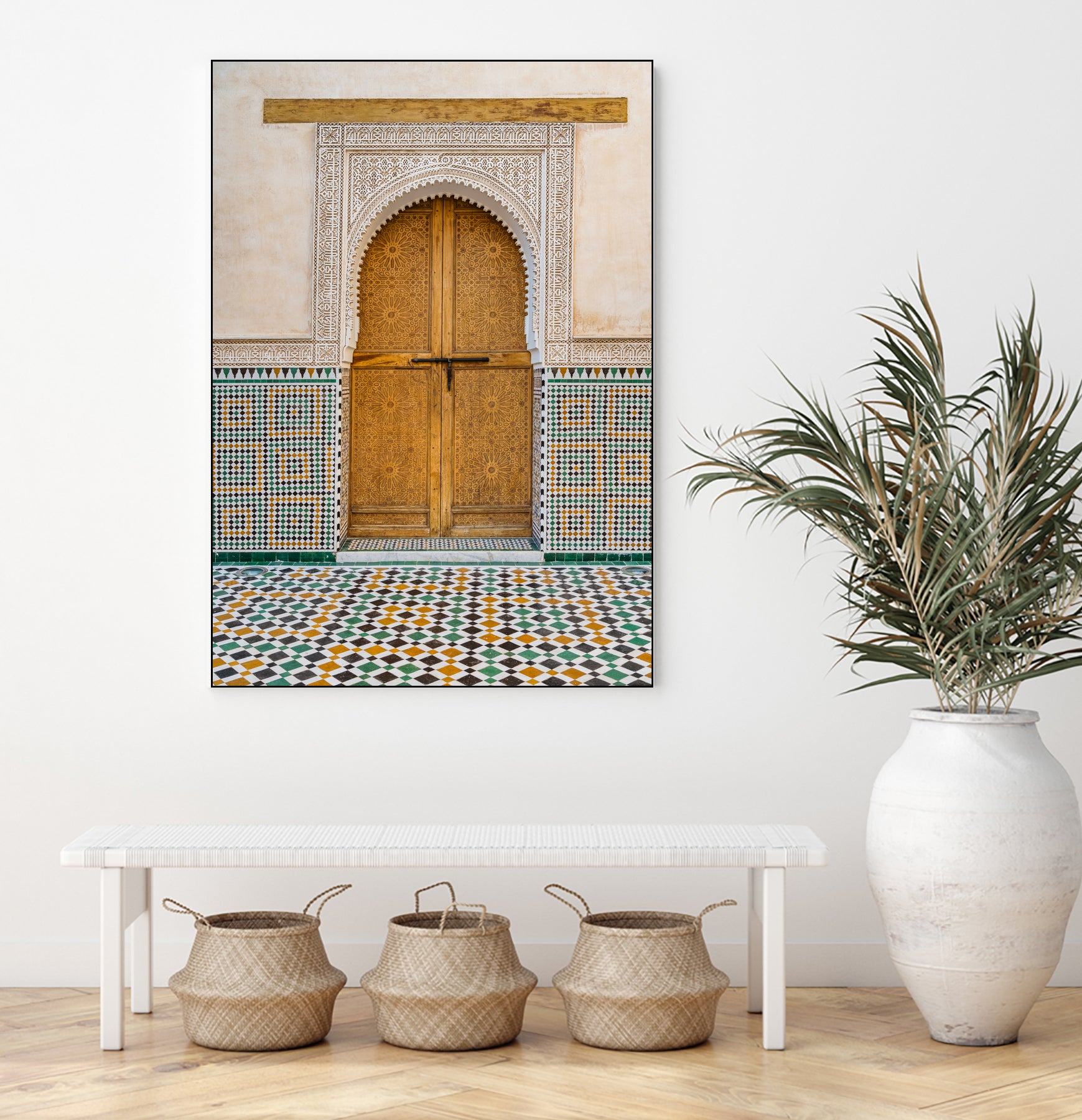 Decorated brown wooden door in Morocco - Art Print by Photolovers