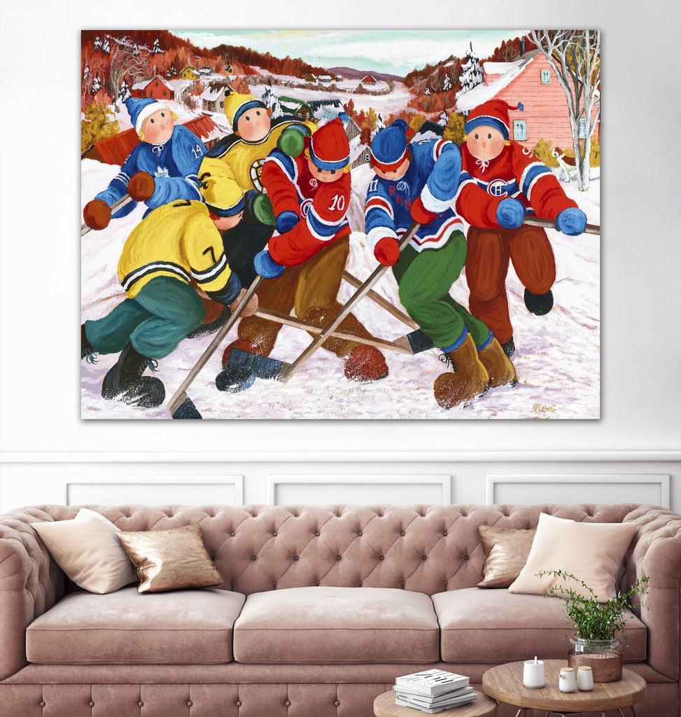 Partie de hockey de Nicole Laporte sur GIANT ART - scènes hivernales jaunes