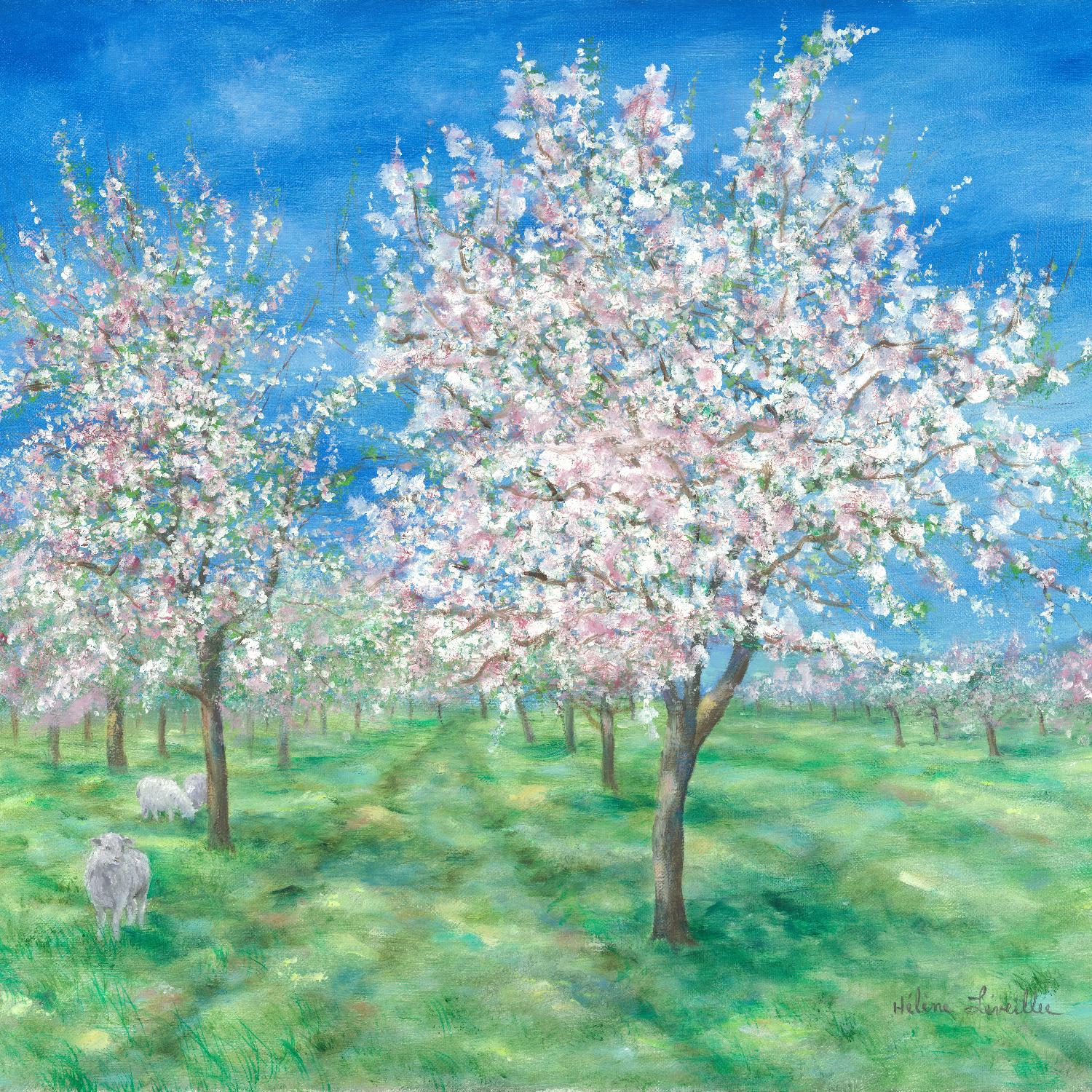 Le Verger en fleurs par Hélène Léveillée sur GIANT ART - paysage vert arbre en fleur