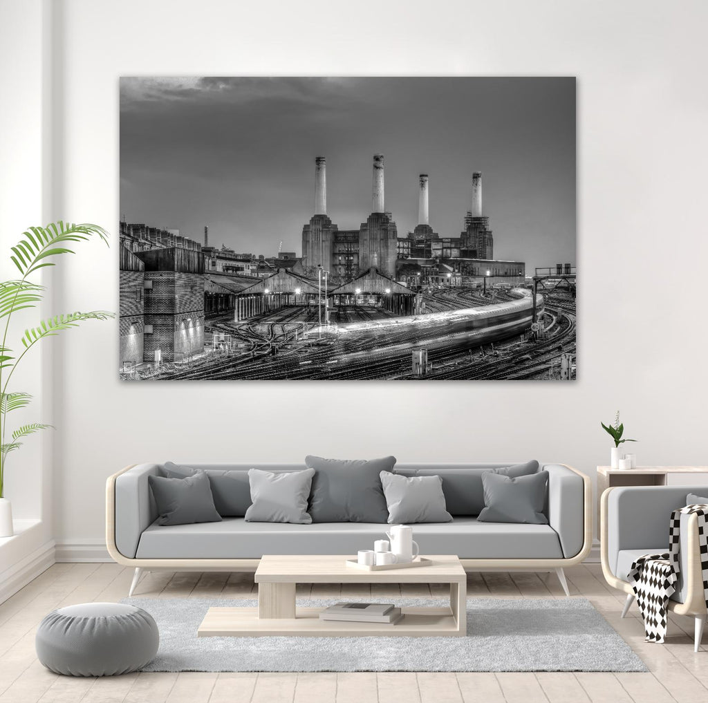 Trains pass Battersea Power Sation by Nick Jackson on GIANT ART - white city scene