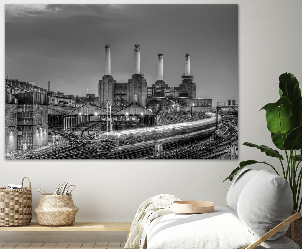 Trains pass Battersea Power Sation by Nick Jackson on GIANT ART - white city scene