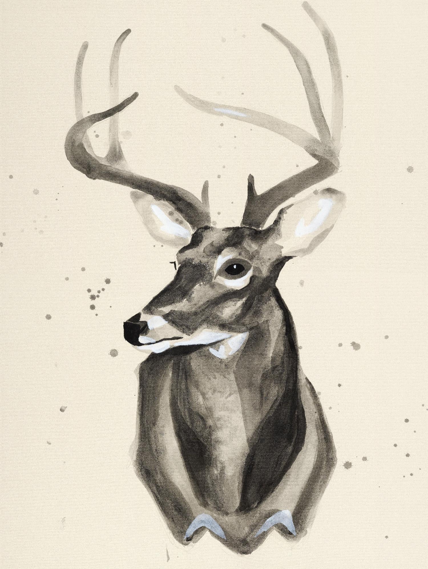 Aquarelle Tête de cerf 3 par Ben Gordon sur GIANT ART - animaux beiges