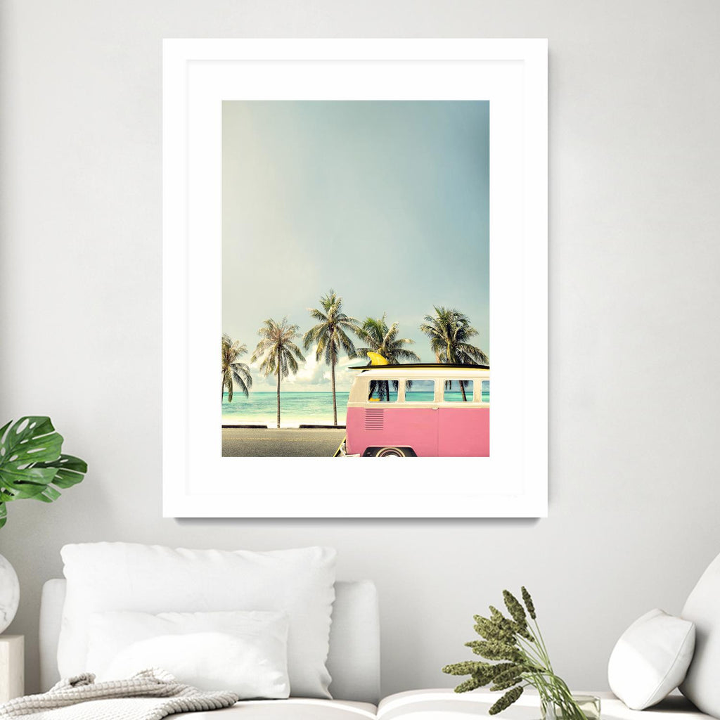 Surf Bus Pink by Design Fabrikken on GIANT ART - multi coastal, landscapes, photography, beaches, cars, ocean, palm trees, surfing, tropical, transportation