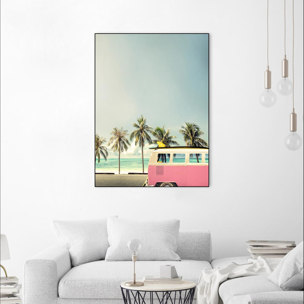 Surf Bus Pink by Design Fabrikken on GIANT ART - multi coastal, landscapes, photography, beaches, cars, ocean, palm trees, surfing, tropical, transportation